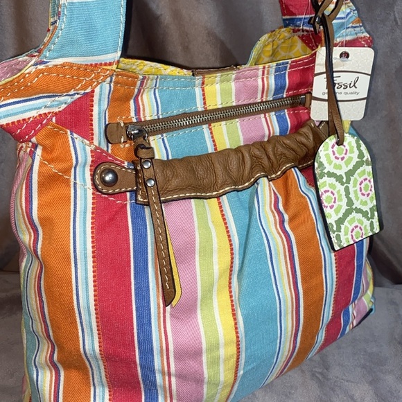 Vintage Fossil Handbag Tote Hobo Canvas Leather Trim Colorful Stripes ๐ - Picture 3 of 16